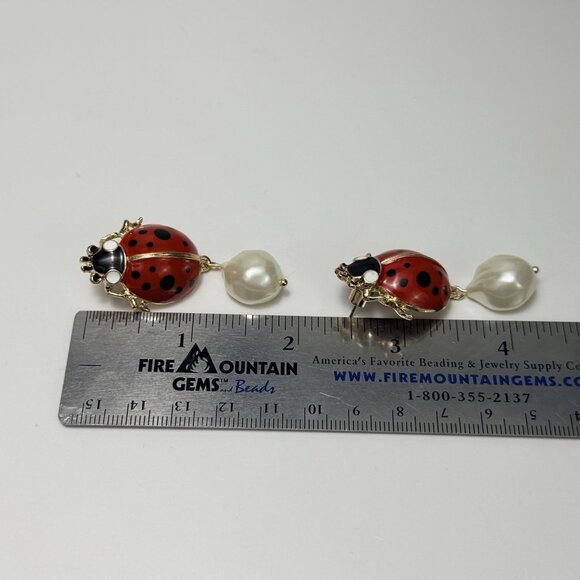 Zara NWOT Ladybug Statement Drop Earrings Red Black Gold Tone Pearl Dangle - Picture 5 of 8